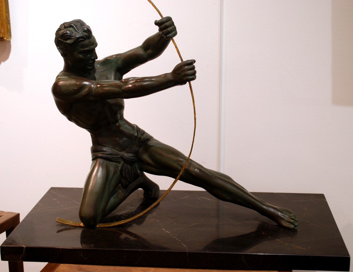 Art Deco Sculpture Young Man Bending A Barbell