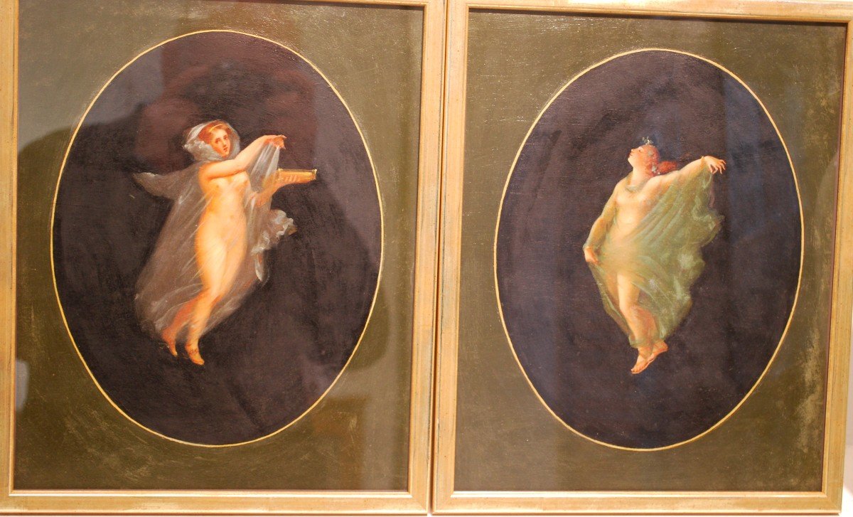Paire d'Huiles Sur Carton Figures Féminines Néoclassiques