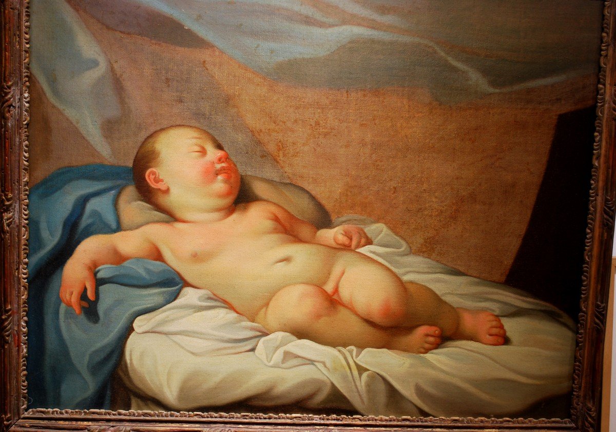 Oil On Canvas Angelot Lying Asleep With Eyes Half Closed On Fabrics And Draperies-photo-2