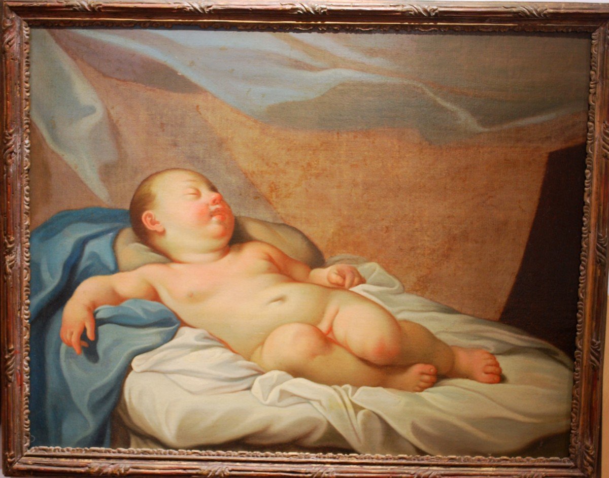 Oil On Canvas Angelot Lying Asleep With Eyes Half Closed On Fabrics And Draperies