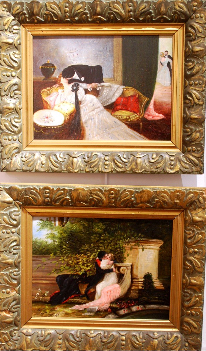 Paire De Tableaux Scène Romantique