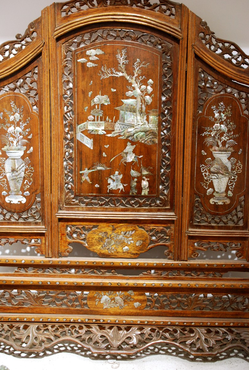 Rosewood And Mother-of-pearl Letter Screen With Pagoda Decor, Horsemen And Floral Decor, China