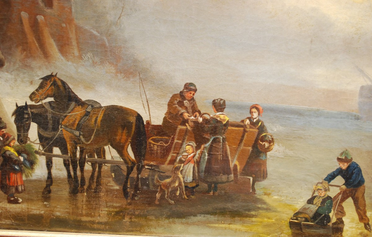 Animated Landscape With A Sleigh Pulled By Two Horses, Dutch School Of The Nineteenth Century-photo-2