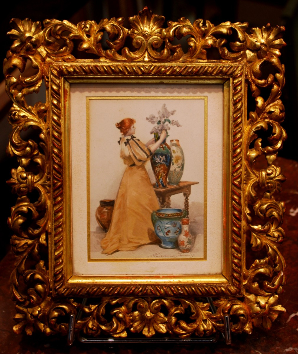 Aquarelle élégante dans un intérieur japonisant par Madeleine Lemairenée aux Arcs 1845-1928-photo-2
