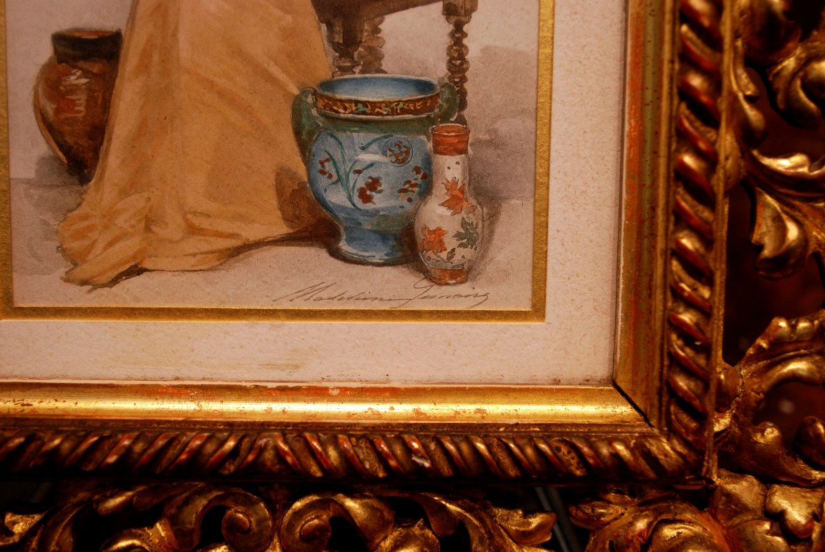 Aquarelle élégante dans un intérieur japonisant par Madeleine Lemairenée aux Arcs 1845-1928-photo-1