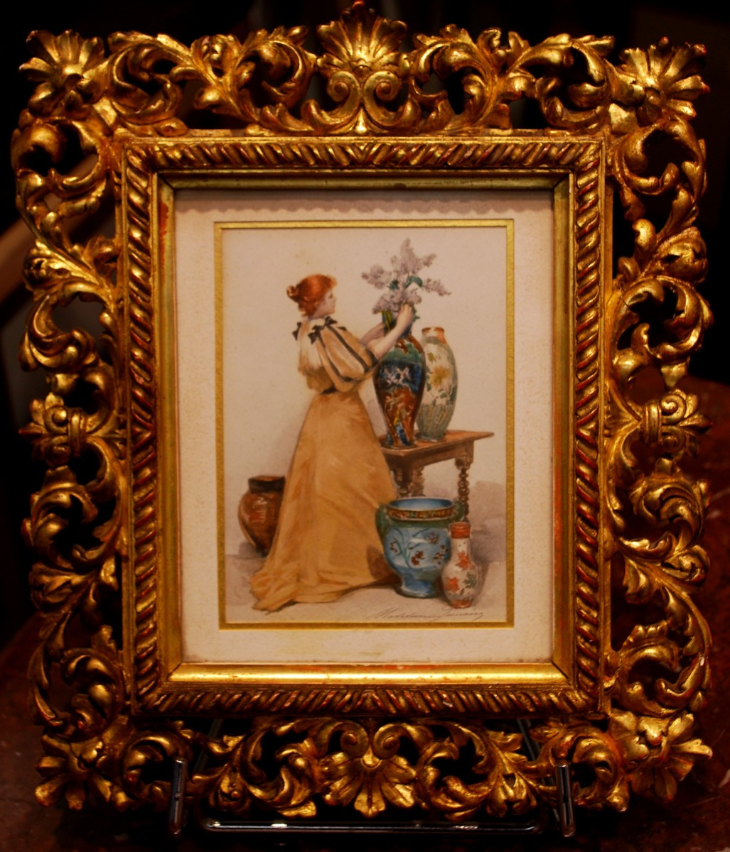Aquarelle élégante dans un intérieur japonisant par Madeleine Lemairenée aux Arcs 1845-1928