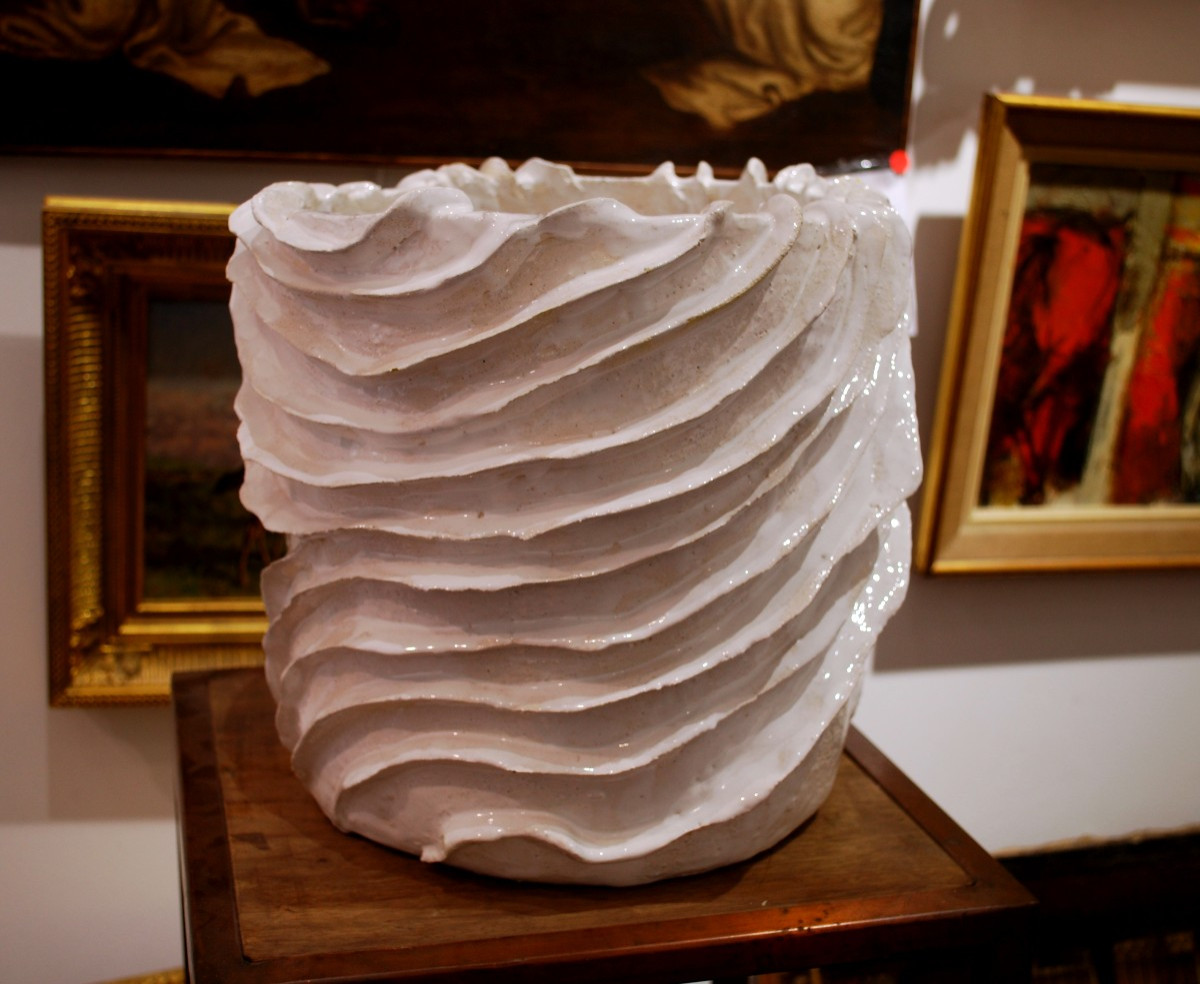 White Glazed Stoneware Vase Entitled Waves By Eugénie Julien