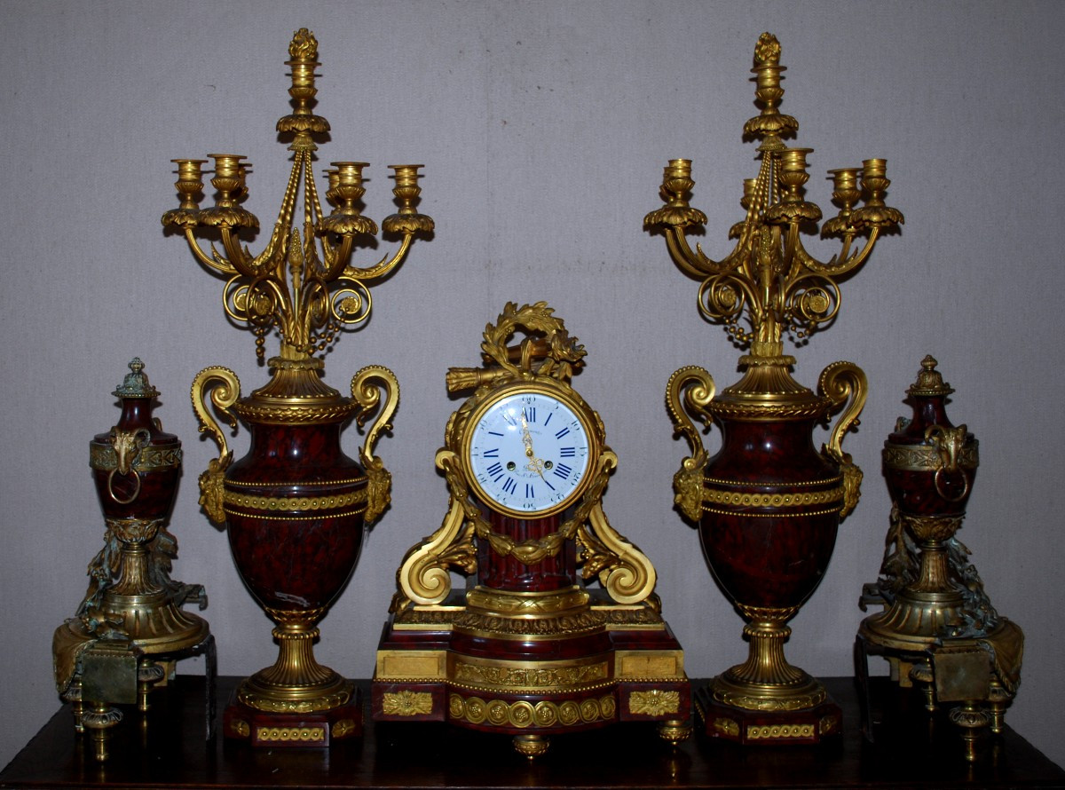 Important Louis XVI Style Napoleon III Bronze And Griotte Marble Fireplace Set -photo-2