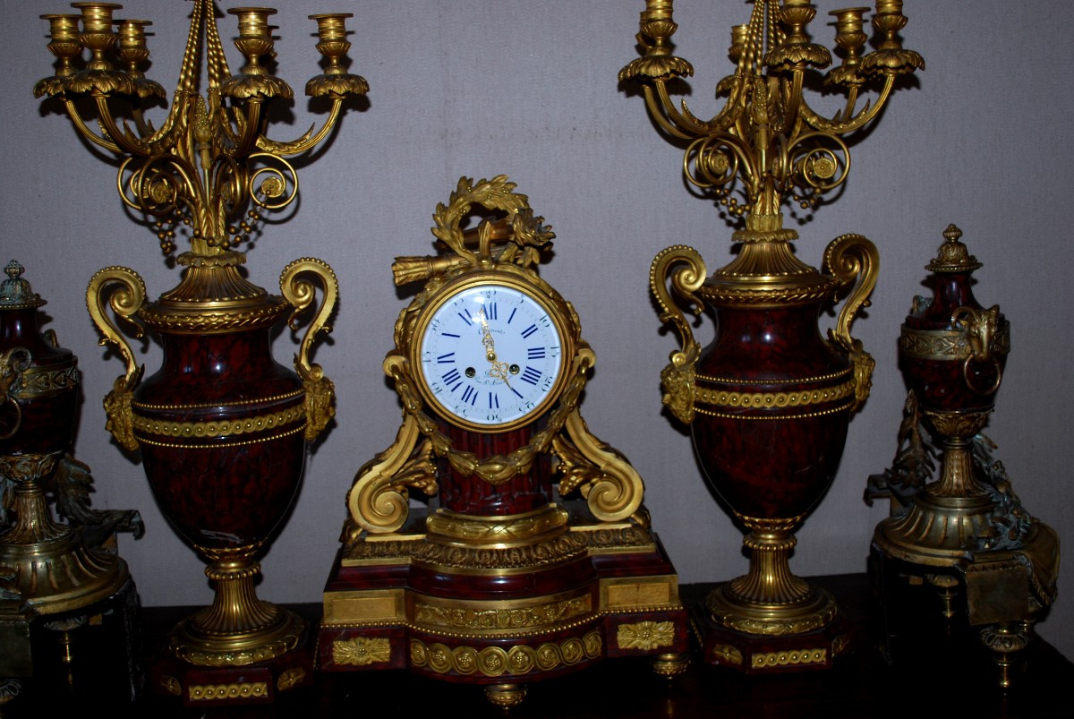 Important Louis XVI Style Napoleon III Bronze And Griotte Marble Fireplace Set -photo-3