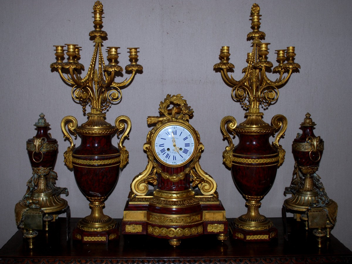 Important Louis XVI Style Napoleon III Bronze And Griotte Marble Fireplace Set -photo-4