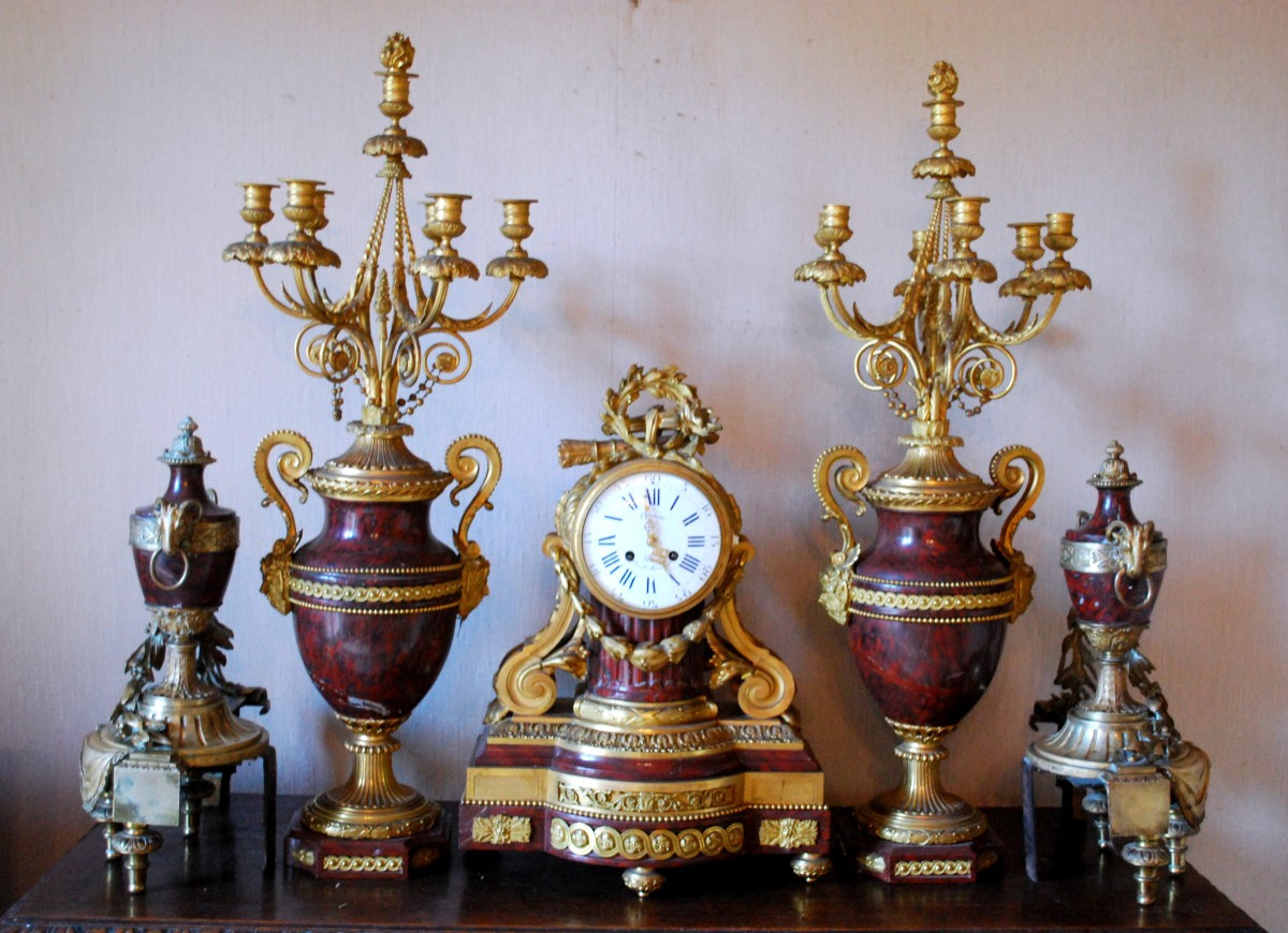 Important Louis XVI Style Napoleon III Bronze And Griotte Marble Fireplace Set 