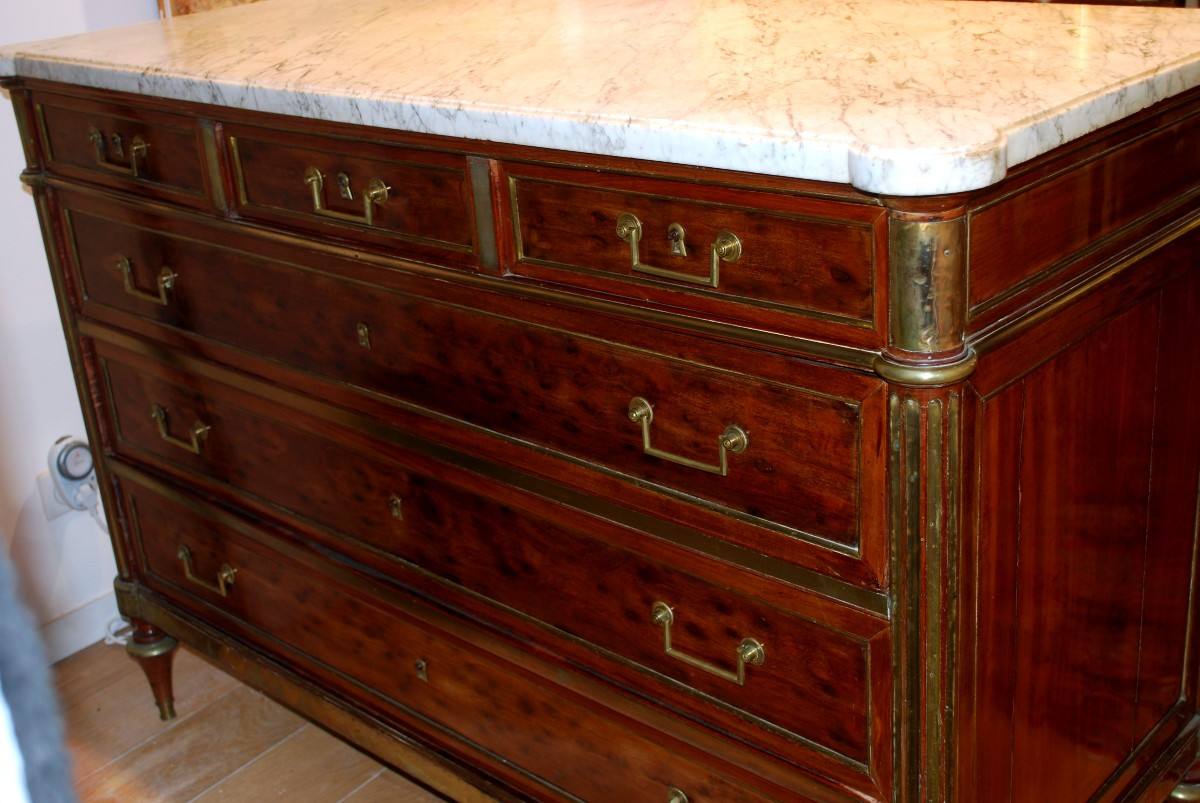Louis XVI Period Chest Of Drawers In Mottled Mahogany, Stamped Henry Jacob 1753-1824-photo-3