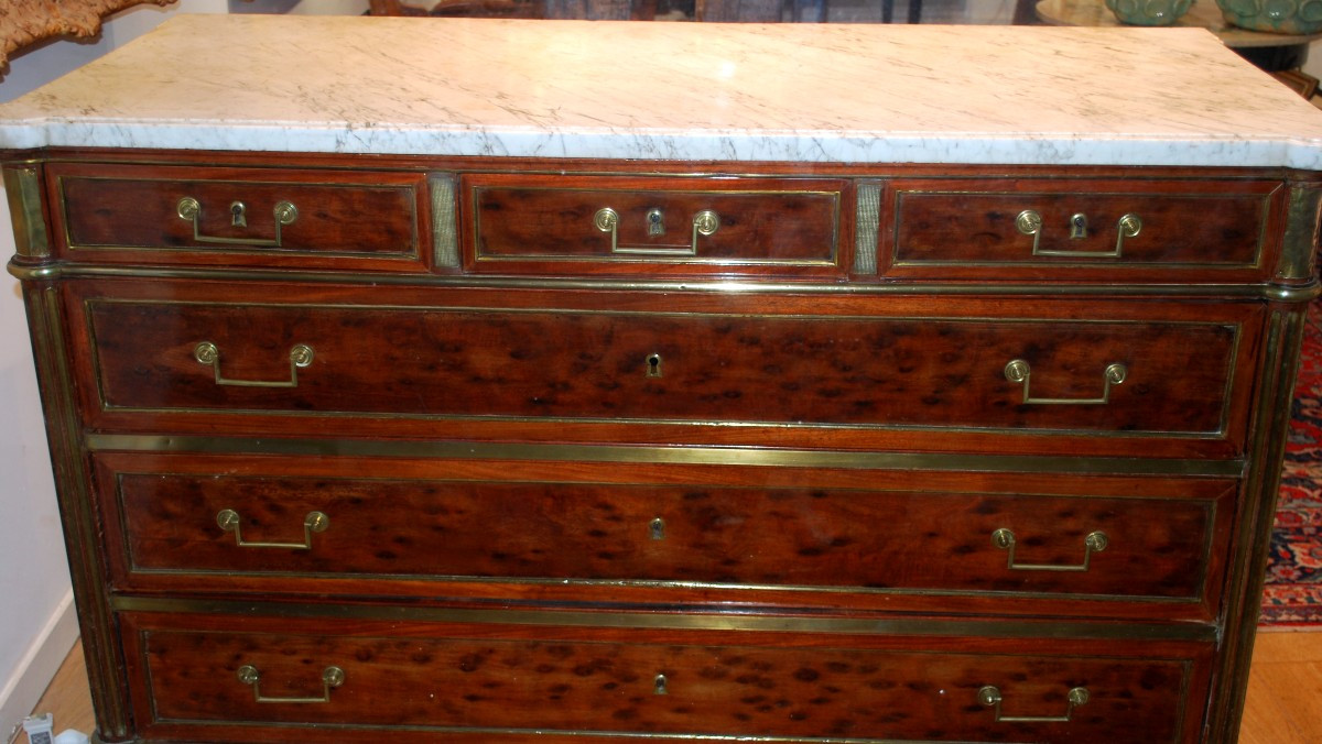 Louis XVI Period Chest Of Drawers In Mottled Mahogany, Stamped Henry Jacob 1753-1824