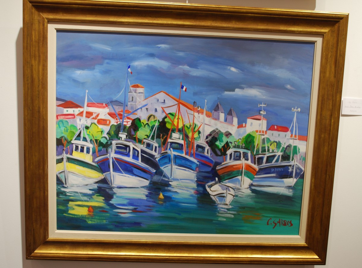 Huile sur toile Bateaux de pêcheurs à Saint Jean de Luz et Maison de l'Infante par C Garros -photo-2