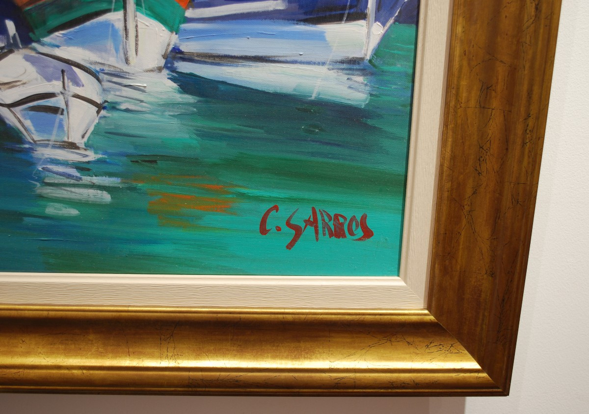 Huile sur toile Bateaux de pêcheurs à Saint Jean de Luz et Maison de l'Infante par C Garros -photo-3