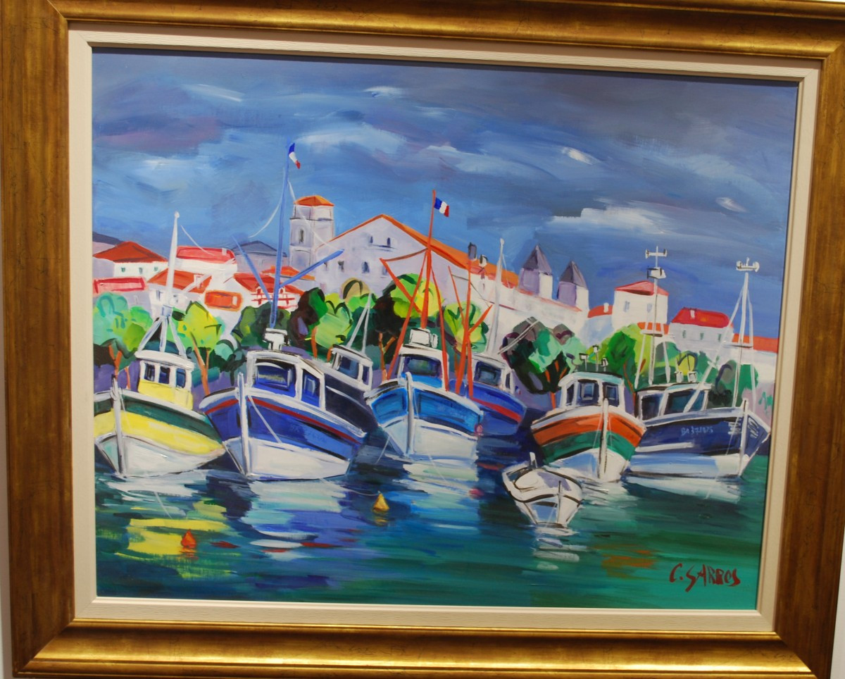 Huile sur toile Bateaux de pêcheurs à Saint Jean de Luz et Maison de l'Infante par C Garros 