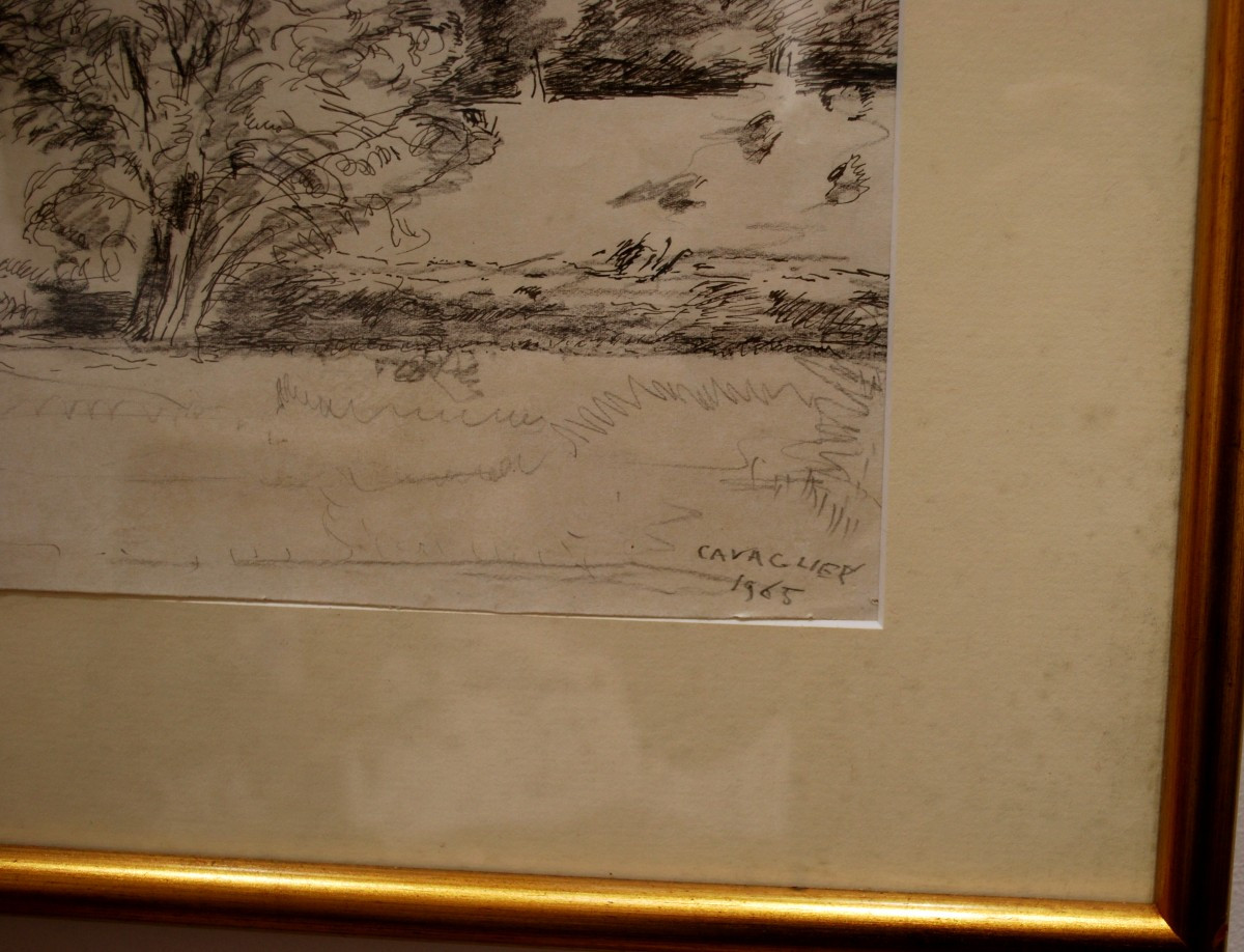 Dessin à l'encre par Mario Cavaglieri "les environs de Peyloubère"dans le Gers signé daté 1965.-photo-1