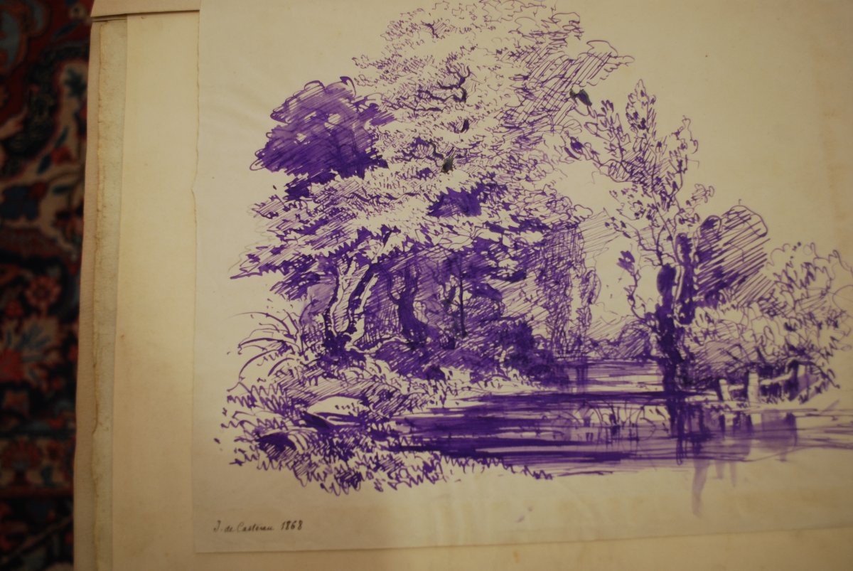 Purple-ink Drawing, *landscape* By J. De Casteran, Dated 1868-photo-2