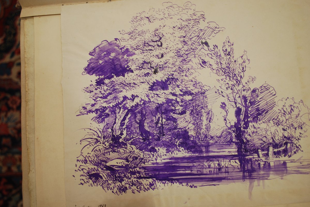 Purple-ink Drawing, *landscape* By J. De Casteran, Dated 1868