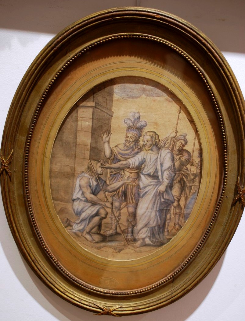 Antique Pen-and-ink Drawing With White Highlights; 18th Century: Christ Healing A Blind Man -photo-2