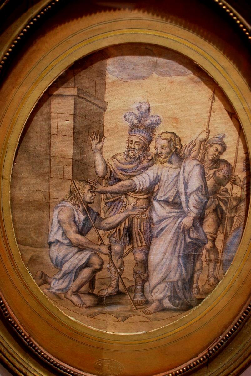 Antique Pen-and-ink Drawing With White Highlights; 18th Century: Christ Healing A Blind Man 