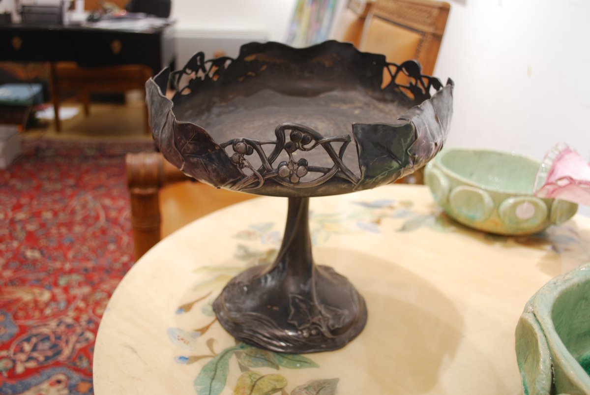 Grande coupe sur pied en étain massif d'époque Art Nouveau Vers 1900;-photo-3
