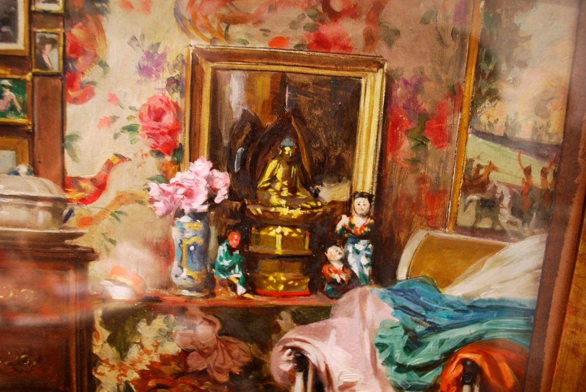 Huile sur carton intèrieur japonisant par Alexandre François Bonnardel 1867-1942-photo-4