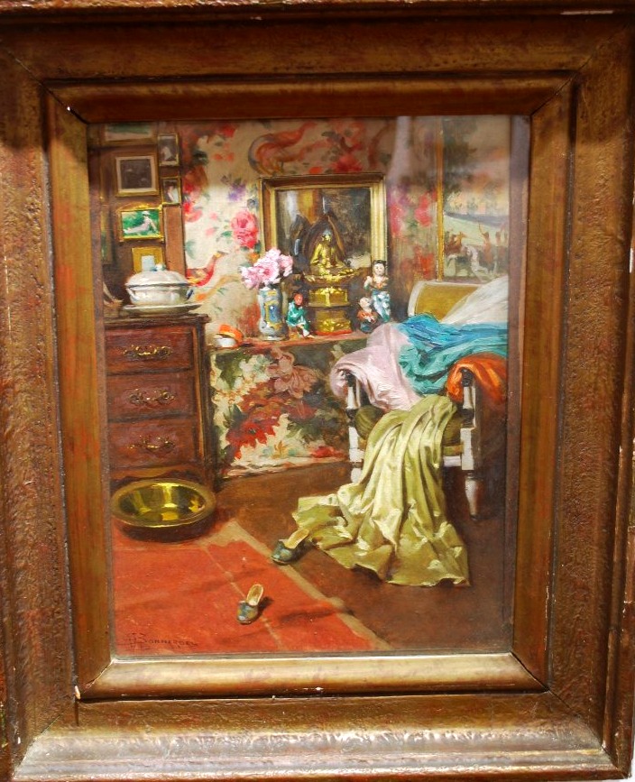 Huile sur carton intèrieur japonisant par Alexandre François Bonnardel 1867-1942-photo-1