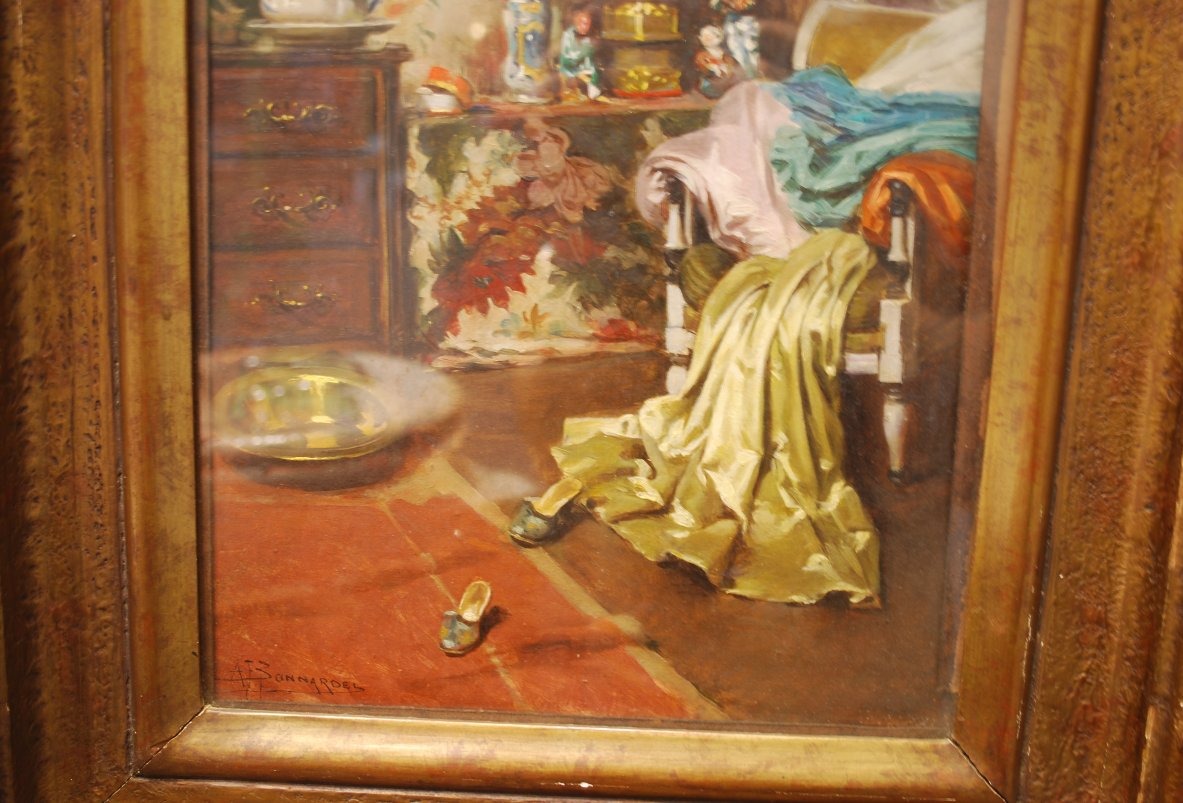 Huile sur carton intèrieur japonisant par Alexandre François Bonnardel 1867-1942-photo-2