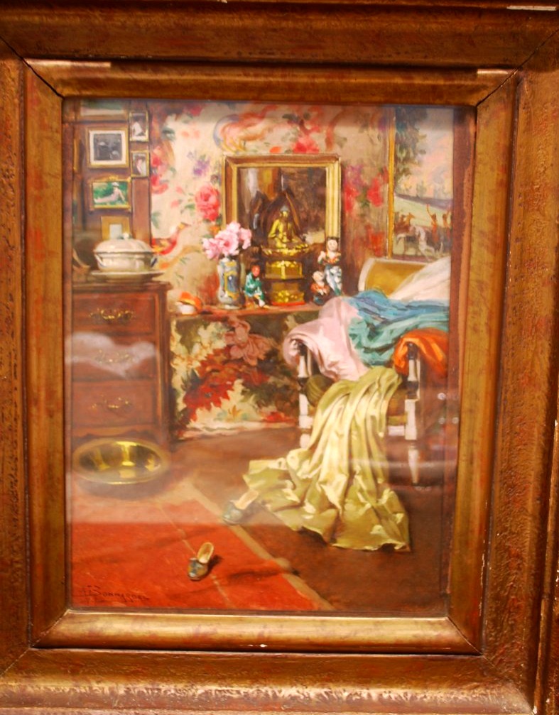 Huile sur carton intèrieur japonisant par Alexandre François Bonnardel 1867-1942