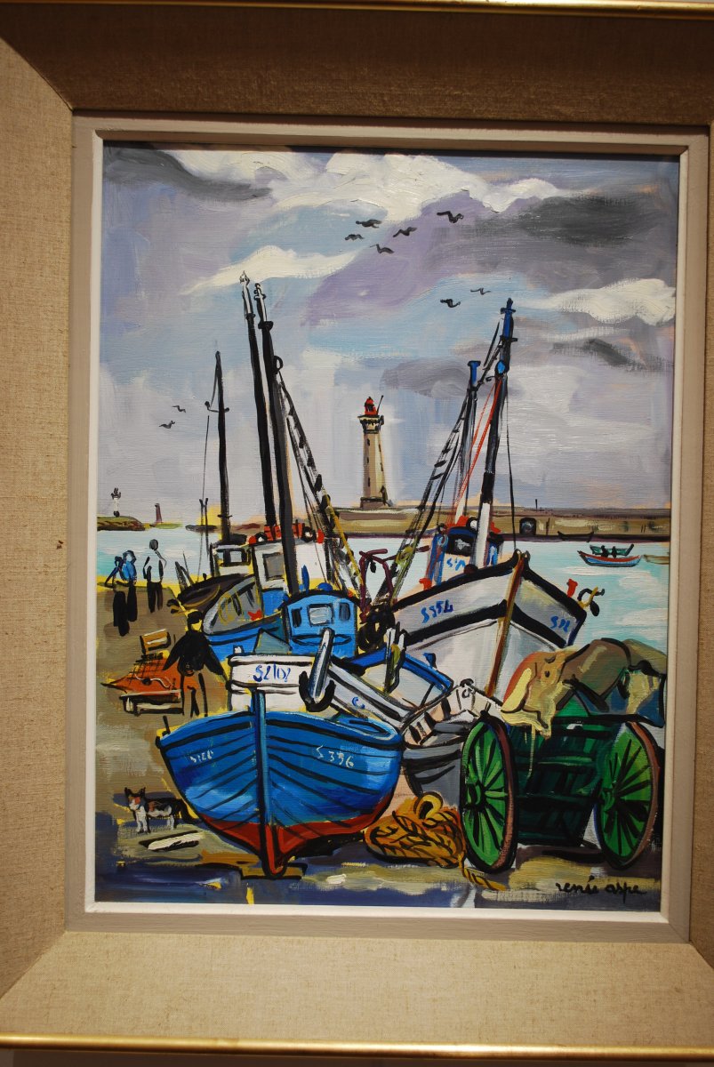 Huile Sur Toile bateaux de pêche  par Renée Aspe signé en bas à droite-photo-2