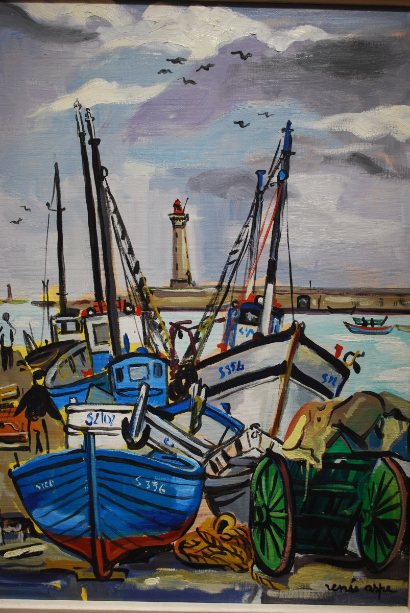 Huile Sur Toile bateaux de pêche  par Renée Aspe signé en bas à droite-photo-2