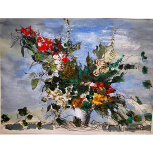 Bouquet Of Flowers By Dimitri Bouchène Gouache Signed Lower Right