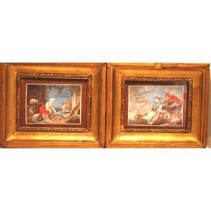 Pair Of 18th Gouaches Decorated With Animated Scenes