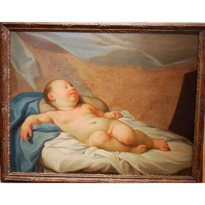 Oil On Canvas Angelot Lying Asleep With Eyes Half Closed On Fabrics And Draperies