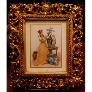 Aquarelle élégante dans un intérieur japonisant par Madeleine Lemairenée aux Arcs 1845-1928