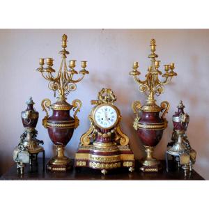 Important Louis XVI Style Napoleon III Bronze And Griotte Marble Fireplace Set 