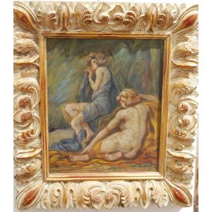 Oil On Cardboard By Carlo Erba Dated 1909 Les Deux Amies