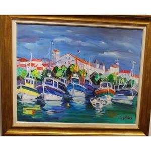 Oil On Canvas Fishermen's Boats At Saint Jean De Luz And Maison De l'Infante By C Garros