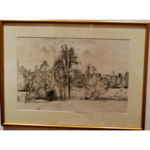 Dessin à l'encre par Mario Cavaglieri "les environs de Peyloubère"dans le Gers signé daté 1965.