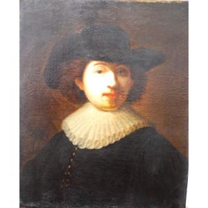 Portrait d'homme au chapeau et à la collerette 18ème copie ancienne de Rembrandt