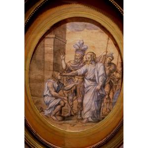 Antique Pen-and-ink Drawing With White Highlights; 18th Century: Christ Healing A Blind Man