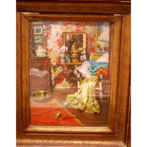 Huile sur carton intèrieur japonisant par Alexandre François Bonnardel 1867-1942