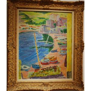 Beautiful Oil On Canvas By Jules Cavaillès (1901-1977) The Port Of Collioure Signed Dated 1946.