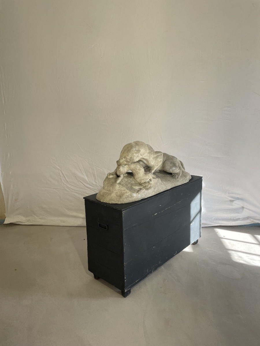 Antoine-Louis Bary, panthère dévorant un lièvre, moulage en plâtre du Louvre -photo-2