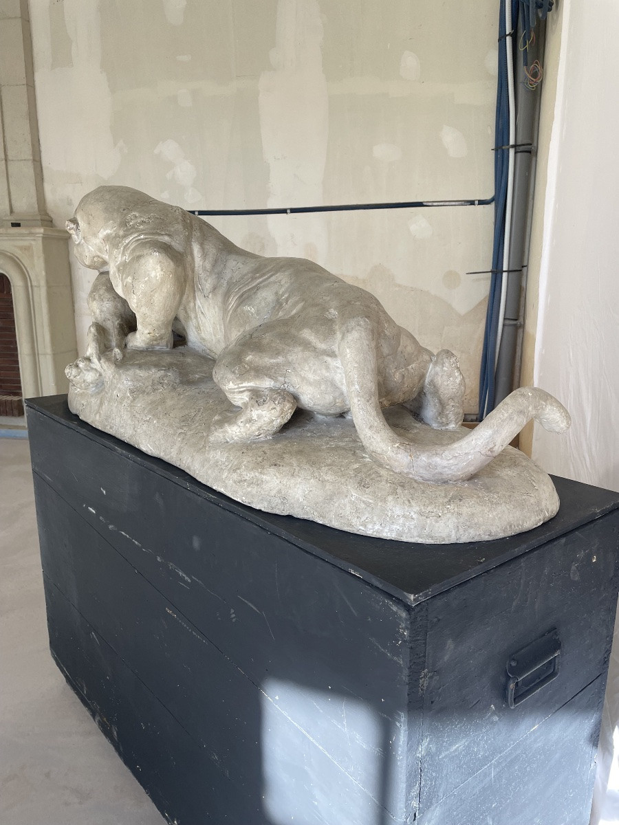 Antoine-Louis Bary, panthère dévorant un lièvre, moulage en plâtre du Louvre -photo-3