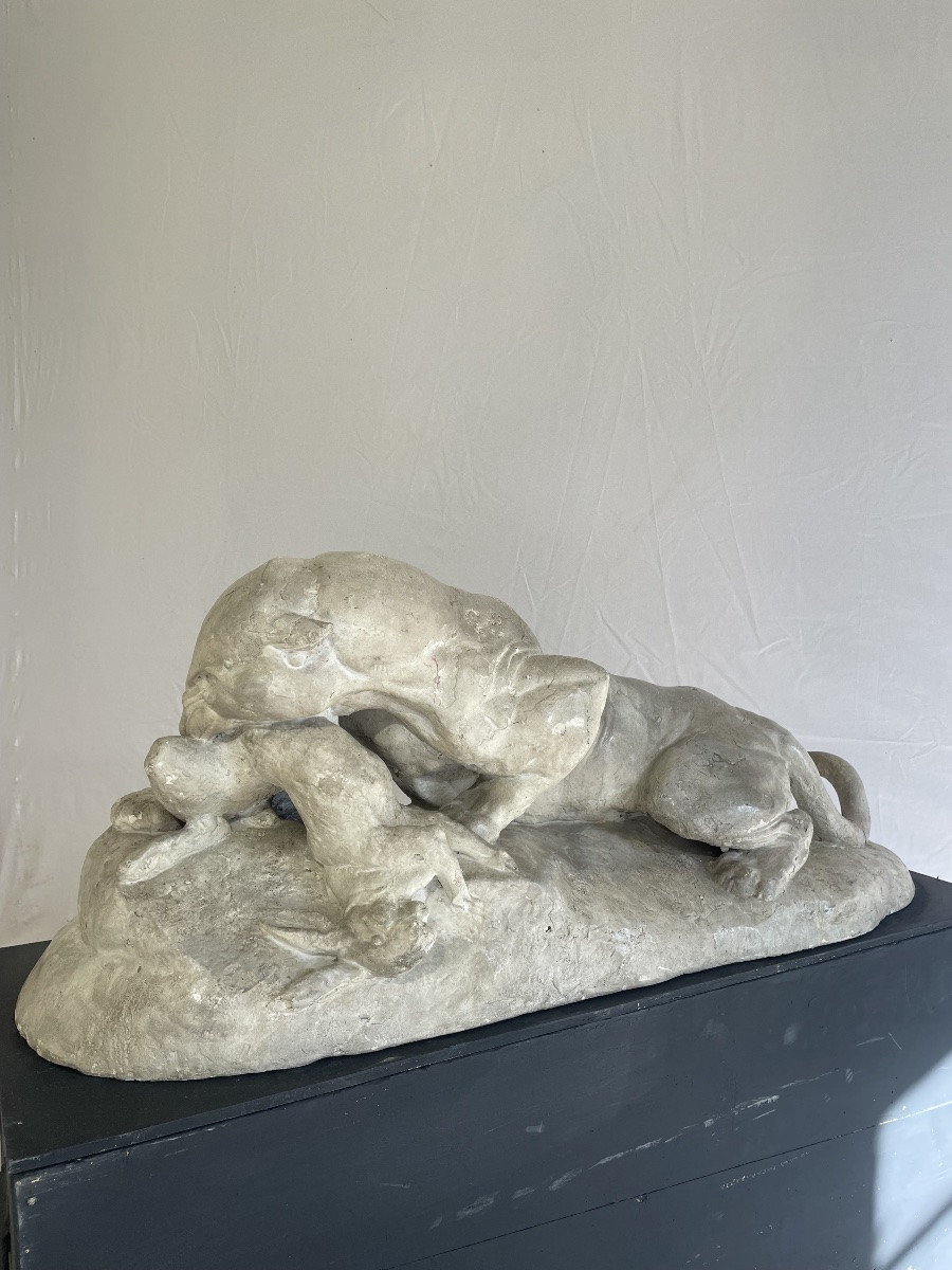 Antoine-Louis Bary, panthère dévorant un lièvre, moulage en plâtre du Louvre -photo-5