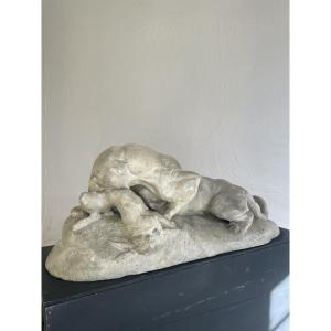 Antoine-Louis Bary, panthère dévorant un lièvre, moulage en plâtre du Louvre 