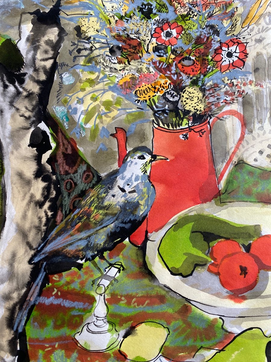 Dany Lartigue, La Cafetière Rouge, Gouache And Watercolor-photo-3