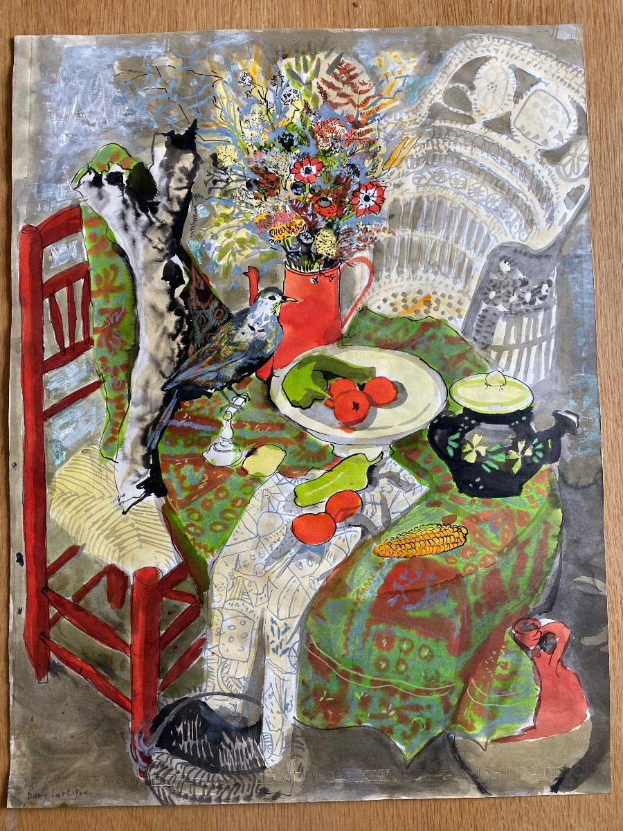 Dany Lartigue ,  La Cafetière Rouge , gouache et  aquarelle